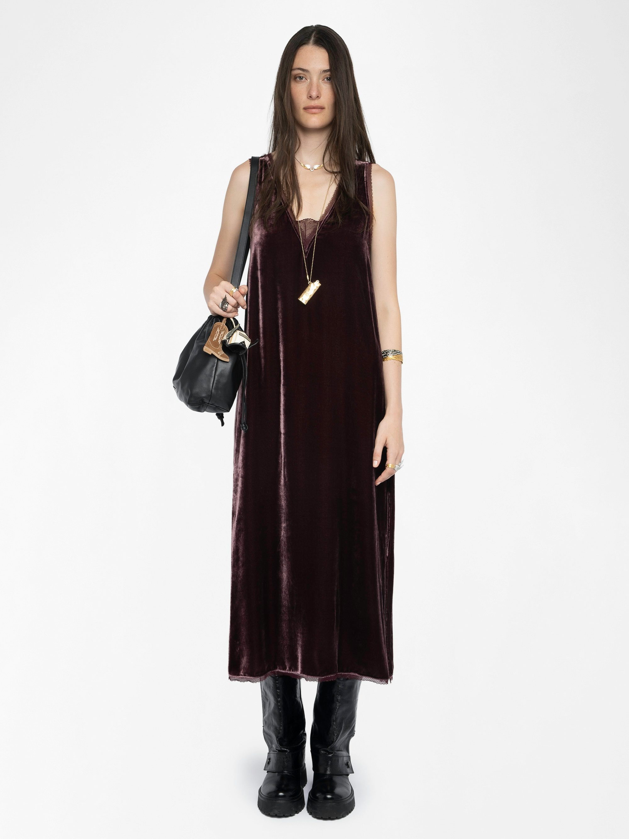 Renzo Velvet Dress - Long dress in plain velvet, lingerie spirit with French lace.